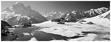Partly Frozen Lac Blanc, Aiguille Verte, and Mont-Blanc range, Chamonix. France (black and white)