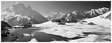 Partly Frozen Lac Blanc, Aiguille Verte, and Mont-Blanc range, Chamonix. France (black and white)