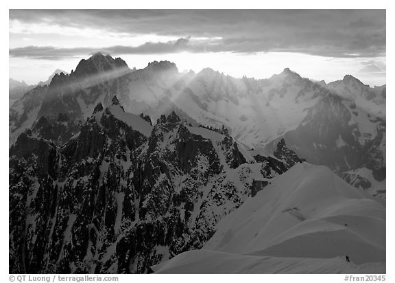 Sunrays over Chamonix Aiguilles, Aiguille Verte, Droites, and Courtes, Chamonix. France (black and white)