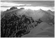 Sunrays over Chamonix Aiguilles, Aiguille Verte, Droites, and Courtes, Chamonix. France (black and white)
