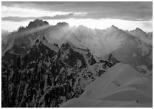 Sunrays over Chamonix Aiguilles, Aiguille Verte, Droites, and Courtes, Chamonix. France (black and white)