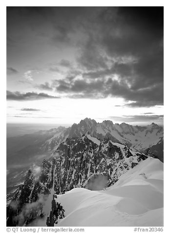 Midi-Plan ridge, Aiguille Verte, Droites, and Courtes at sunrise, Chamonix. France (black and white)