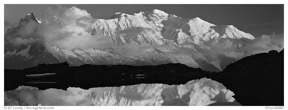 Mountain and sunset reflection, Mont-Blanc. France (black and white)