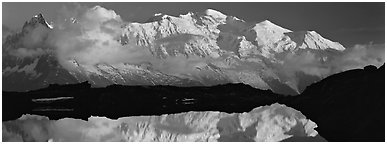 Mountain and sunset reflection, Mont-Blanc. France (Panoramic black and white)