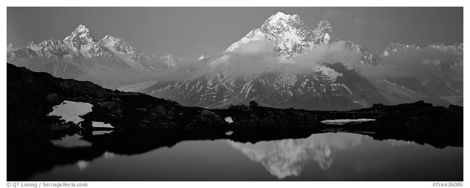 Dusk mountain landscape. France (black and white)