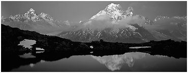 Dusk mountain landscape. France (Panoramic black and white)