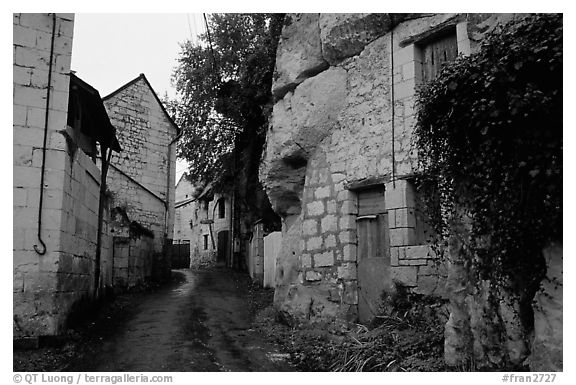 Troglodyte houses. Loire Valley, France (black and white)