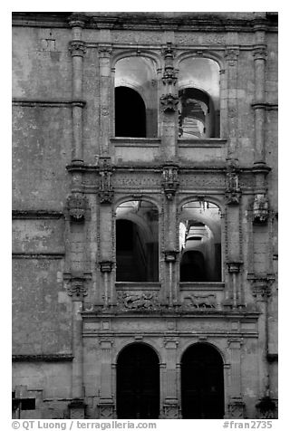 Staircase detail of Azay-le-rideau chateau. Loire Valley, France (black and white)