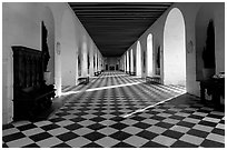 Gallery hall in the Chenonceaux chateau. Loire Valley, France (black and white)