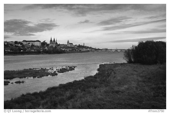 Blois across the Loire River. Loire Valley, France (black and white)