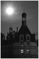 Detail of Chambord chateau with moon. Loire Valley, France (black and white)