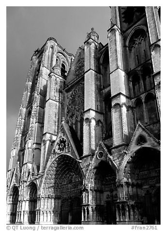 West Facade of Saint-Etienne Cathedral with unusual five-portal arrangement. Bourges, Berry, France (black and white)