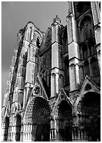 West Facade of Saint-Etienne Cathedral with unusual five-portal arrangement. Bourges, Berry, France (black and white)