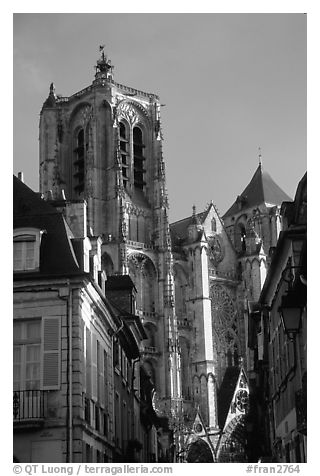 Town houses and Cathedral. Bourges, Berry, France (black and white)