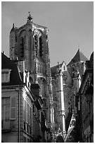 Town houses and Cathedral. Bourges, Berry, France (black and white)