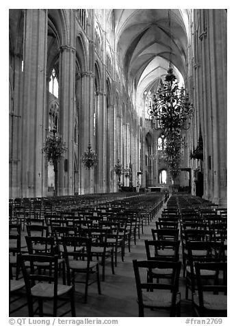 Inner aisle, the Saint-Etienne Cathedral. Bourges, Berry, France (black and white)