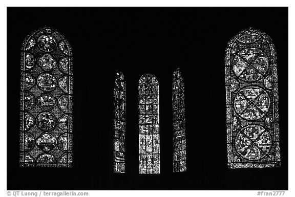 Stained glass windows, Bourges Cathedral. Bourges, Berry, France (black and white)