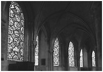 Aisle with tained glass windows, Saint-Etienne Cathedral. Bourges, Berry, France (black and white)