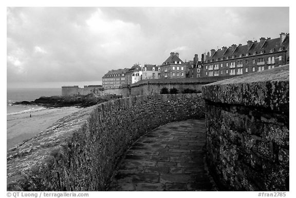 Along the ramparts of the old town, Saint Malo. Brittany, France (black and white)