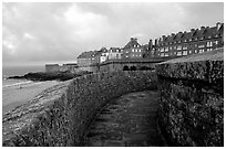 Along the ramparts of the old town, Saint Malo. Brittany, France (black and white)