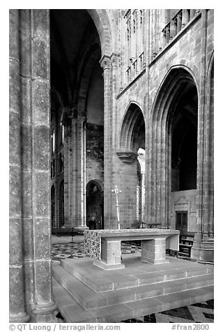 Chapel inside the Benedictine abbey. Mont Saint-Michel, Brittany, France (black and white)