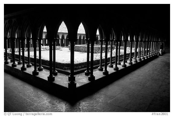 Cloister inside the Benedictine abbey. Mont Saint-Michel, Brittany, France (black and white)
