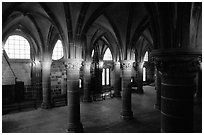 Hall of the knights inside the Benedictine abbey. Mont Saint-Michel, Brittany, France (black and white)