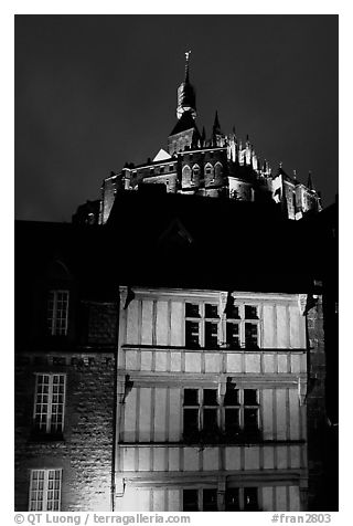 Medieval houses and abbey. Mont Saint-Michel, Brittany, France (black and white)