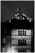 Medieval houses and abbey. Mont Saint-Michel, Brittany, France (black and white)