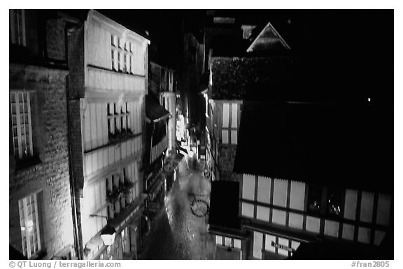 Medieval street. Mont Saint-Michel, Brittany, France (black and white)