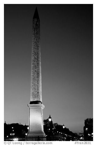 Luxor obelisk of the Concorde plaza at sunset. Paris, France (black and white)
