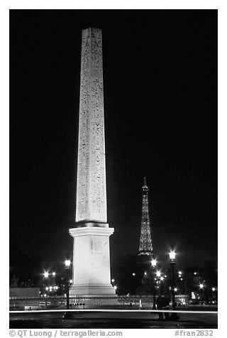 Luxor obelisk of the Concorde plaza and Eiffel Tower at night. Paris, France (black and white)