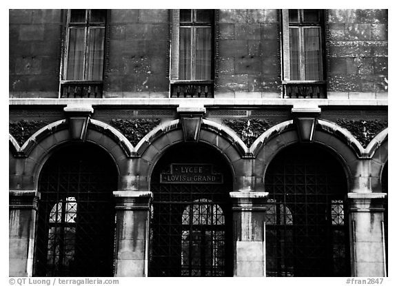 Facade of Lycee Louis-le-Grand, the most prestigious of the French high schools. Quartier Latin, Paris, France (black and white)