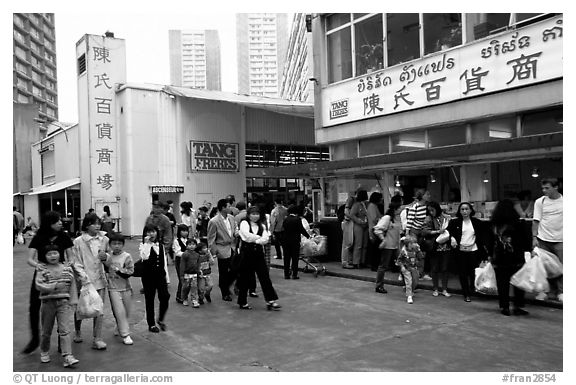 Asian supermarket store in Paris's Chinatown. Paris, France (black and white)