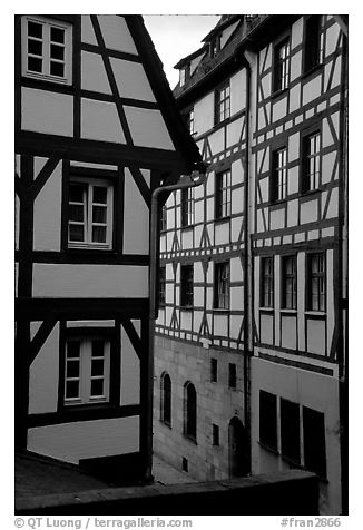 Half-timbered houses. Strasbourg, Alsace, France (black and white)