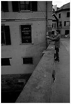 Fishing in a canal. Strasbourg, Alsace, France ( black and white)