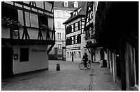 Street with half-timbered houses. Strasbourg, Alsace, France (black and white)