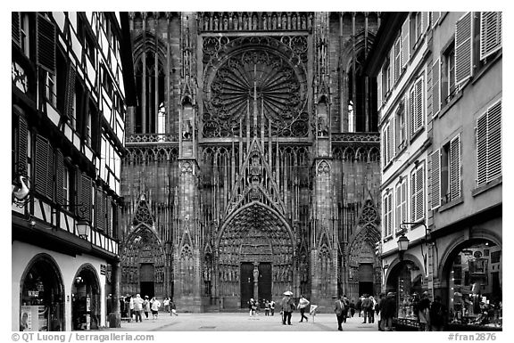 Facade of the Notre Dame cathedral seen from nearby street. Strasbourg, Alsace, France (black and white)