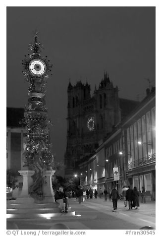 Dewailly Clock on the Marie-Sans-Chemise square by night, Amiens. France (black and white)