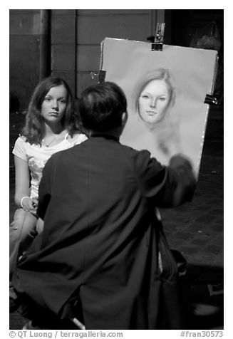 Artist and model,  Place du Tertre, Montmartre. Paris, France (black and white)