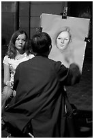 Artist and model,  Place du Tertre, Montmartre. Paris, France (black and white)