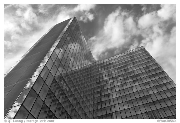 Corner buildings of the Francois Mitterand library, evoking an open book. Paris, France (black and white)