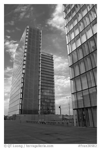 Two corner buildings of the Bibliotheque Francois Mitterand. Paris, France