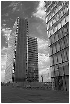 Two corner buildings of the Bibliotheque Francois Mitterand. Paris, France (black and white)