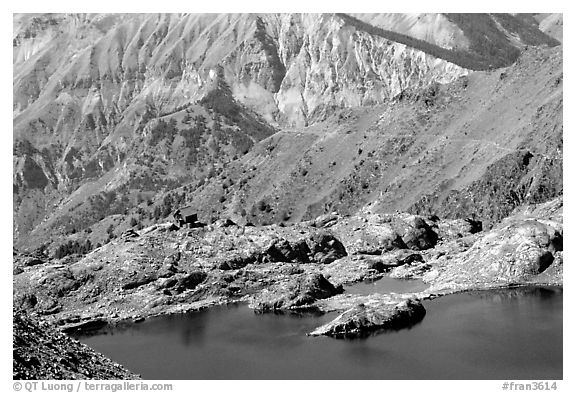 Lake and mountain hut, Mercantour National Park. Maritime Alps, France