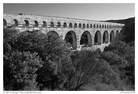 Pont du Gard spanning Gardon river valley. France (black and white)