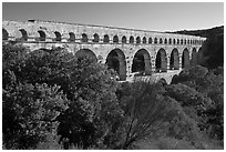 Pont du Gard spanning Gardon river valley. France (black and white)