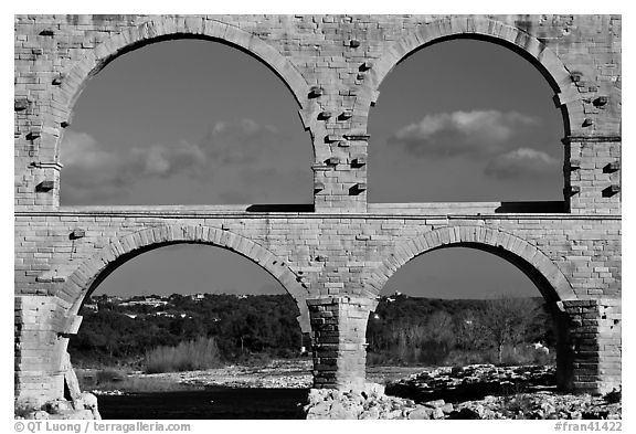 Lower and middle arches, Pont du Gard. France (black and white)