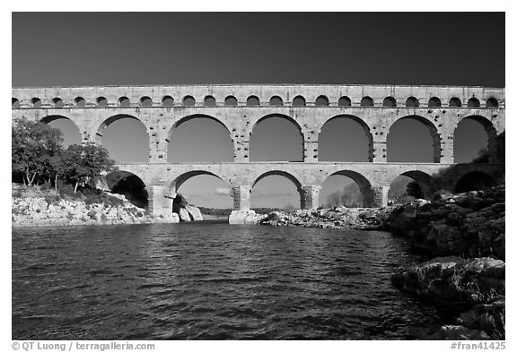 Gard River and Pont du Gard. France (black and white)
