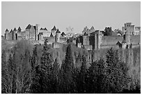 Distant view of fortified town. Carcassonne, France (black and white)